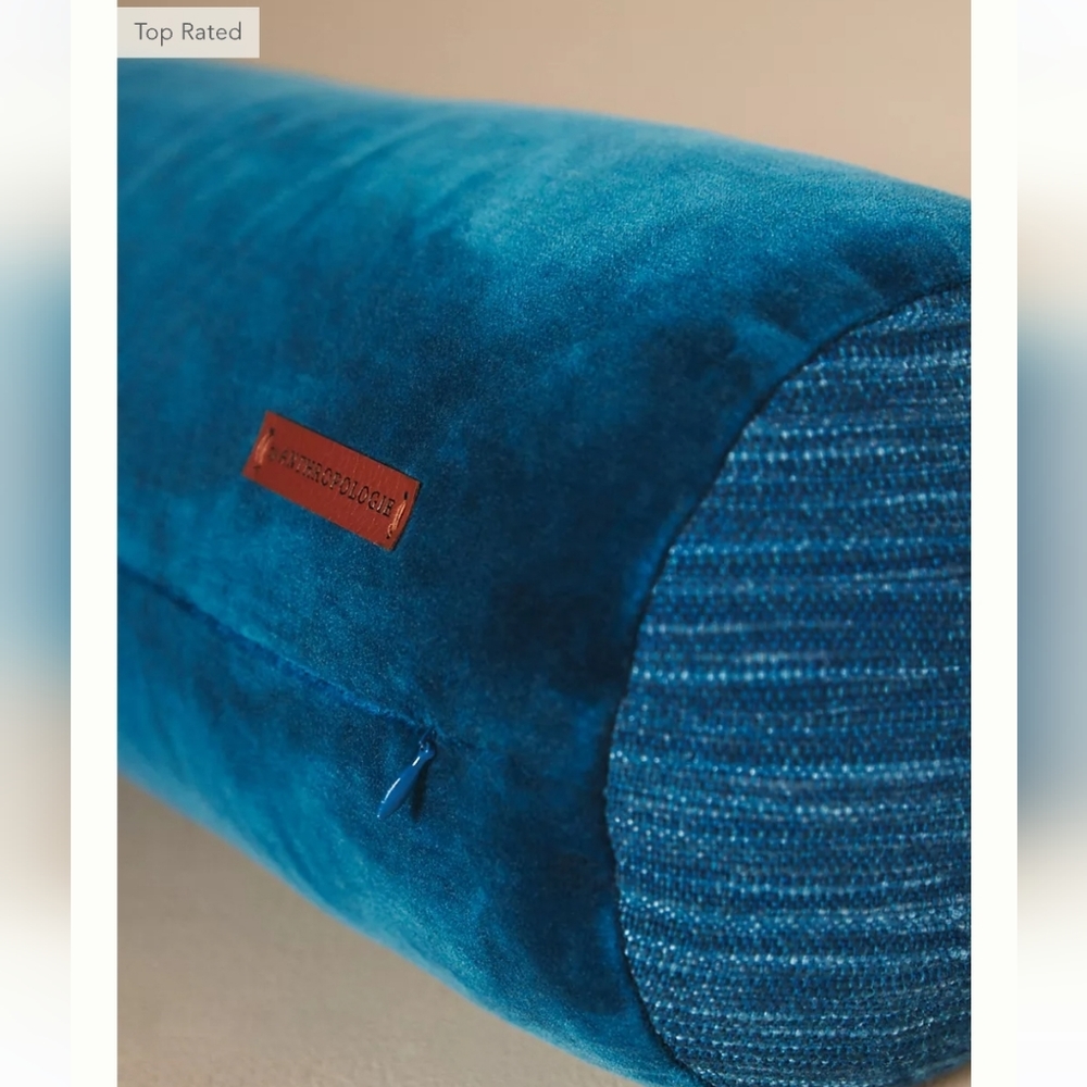 Anthropologie Velvet Trova Bolster Pillow - deep turquoise blue - Picture 3 of 12